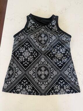 Size L Lands’ End Black & White Bandana-Print Swim Tankini Modest